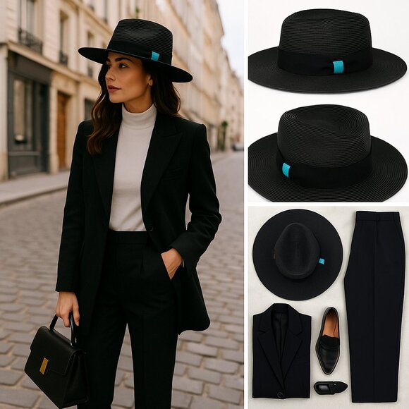House of Hatters x Cholla Collaboration | Black Raffia Straw Hat with Turquoise main image 6